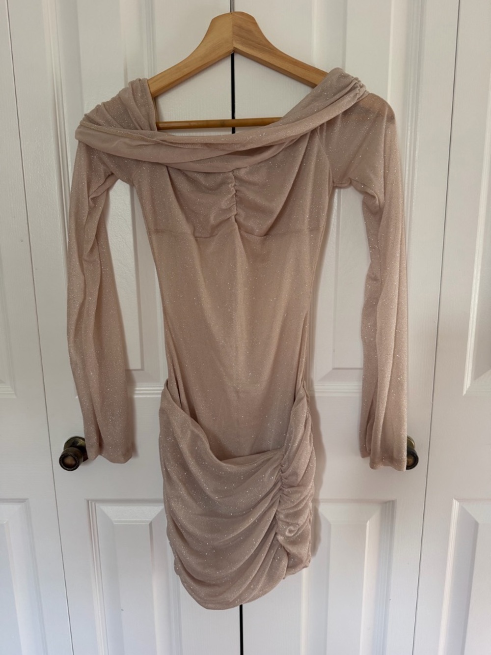 White Fox Boutique Off-Shoulder Ruched Bodycon Mini Dress - Light Beige - Picture 5 of 5